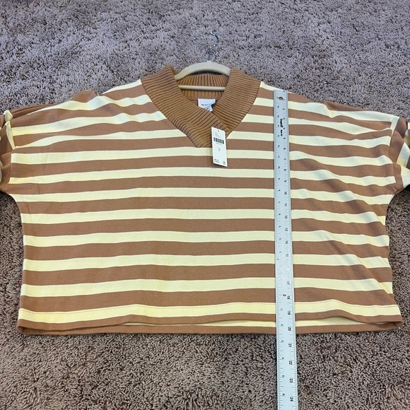 NWT new medium Anthropologie Maeve cotton boxy v-neck top tan yellow stripe - Picture 13 of 16